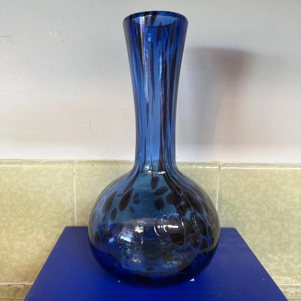Cobalt Blue Hand Blown Art Glass Bud Vase Spotted Leopard Pattern MCM Style 8